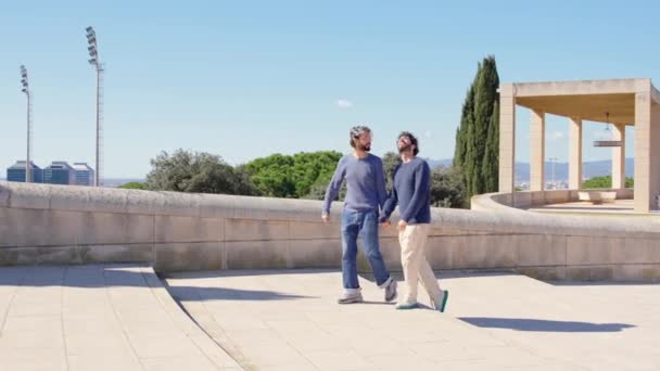 Joven Gay Turista Pareja Caminando Juntos Escaleras — Vídeos de Stock