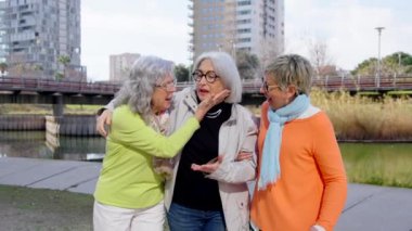 Üç mutlu olgun kadın parkta yürürken eğleniyor..