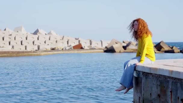 Νεαρή Θλιμμένη Γυναίκα Που Σκέφτεται Έξω Στο Λιμάνι Κατάθλιψη Και — Αρχείο Βίντεο