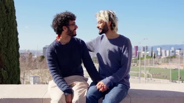 Romantiskt Homosexuellt Par Som Pratar Utomhus Alla Hjärtans Dag Koncept — Stockvideo