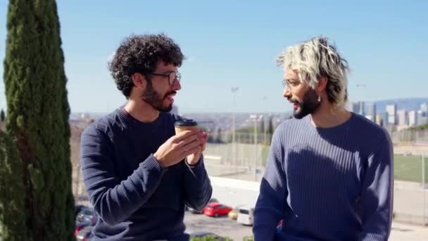 Zwei Männliche Freunde Unterhalten Sich Freien Schwules Paar Gespräch — Stockvideo