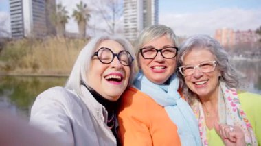 Parkta kamerayla konuşan üç yaşlı kadının kamera görüntüsü. Video çağrısı alan bir grup pozitif olgun insan