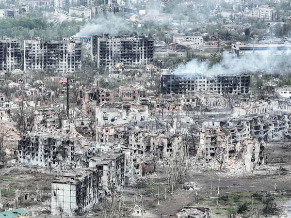Ruined city. The landscape of the city after the war. War in Bakhmut. Military operations. Destruction of the city from weapons