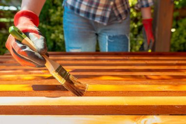 Kapalı alan yenileme projesi sırasında ahşap bir yüzeyi fırça ve lekeyle boyayan eldivenli bir işçinin yakın çekimi.