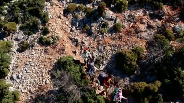 Group Tourists Backpacks Moves Lycian Trail Mediterranean Coast Turkey Aerial — Stock Video