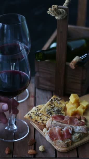 Red Wine Pouring Bottle Glass Glass Red Wine Table Prosciutto — Stock videók