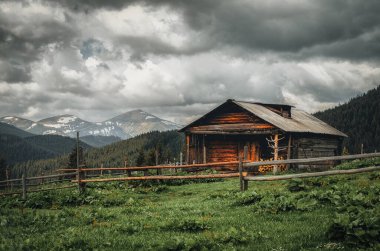 Karpatların yukarısındaki bir dağ çayırında eski bir çiftlik evi. Ukrayna 'nın güzel yürüyen manzarası.