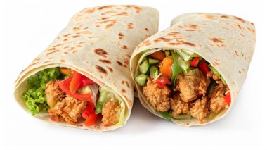 Beyaz arka planda izole edilmiş kızarmış tavuk eti ve sebzeli tortilla dürümü