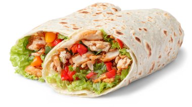 Tortilla wrap with fried chicken meat and vegetables isolated on white background clipart