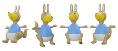Karikatür Kanguru farklı açıları beyaz arka planda izole edilmiş yüksek kaliteli detaylar - 3D görüntüleme