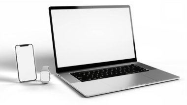 Boş ekran - dizüstü bilgisayar, akıllı telefon, akıllı saat beyaz arkaplanda izole edilmiş yüksek kaliteli detaylar - 3D görüntüleme