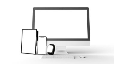 Boş ekran - Bilgisayar, tablet, akıllı telefon, akıllı klavye ve farenin beyaz arka planda izole edilmiş yüksek kaliteli ayrıntılar - 3D görüntüleme