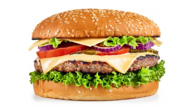 Peynirli, domatesli, marullu, turşulu ve beyaz arka planda izole edilmiş mayonezli büyük taze hamburger.