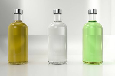 3D görüntüleme - Beyaz arka planda izole edilmiş üç özel alkol şişesi yüksek kaliteli detaylar 