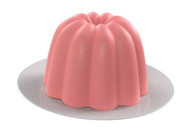 3D hazırlama - Beyaz tabakta çilekli puding yüksek çözünürlüklü resim beyaz arkaplanda izole, yüksek kaliteli ayrıntılar