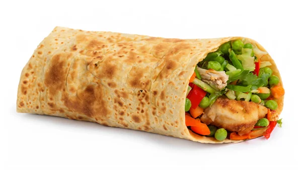 Tortilla Wrap Med Stekt Kyckling Kött Och Grönsaker Isolerad Vit — Stockfoto