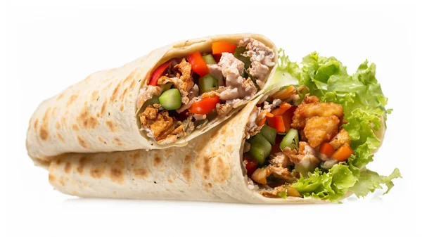 Tortilla Wrap Mit Gebratenem Hühnerfleisch Und Gemüse Isoliert Auf Weißem — Stockfoto