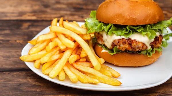 Tasty Chicken Burger French Fries Wooden Table — Stock Photo, Image