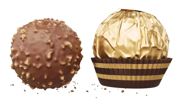 Premium Chocolade Bal Met Melk Anothre Met Gouden Glitter Geïsoleerd — Stockfoto