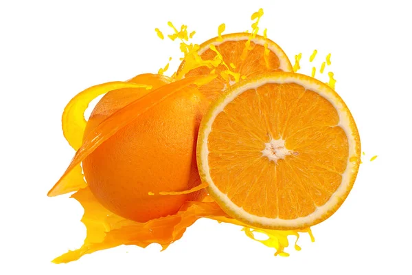 Orangen Und Saftspritzer Isoliert Auf Weißem Hintergrund Hochwertige Details Rendering — Stockfoto