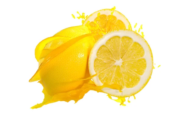 Zitronen Und Saftspritzer Isoliert Auf Weißem Hintergrund Hochwertige Details Rendering — Stockfoto