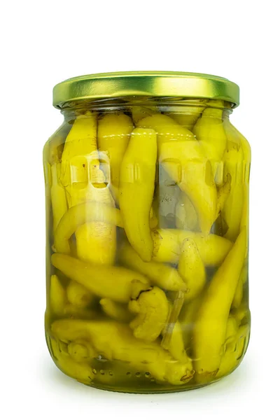 Green Chili Peppers Jar Isolated White Background Top View High — Stock Photo, Image