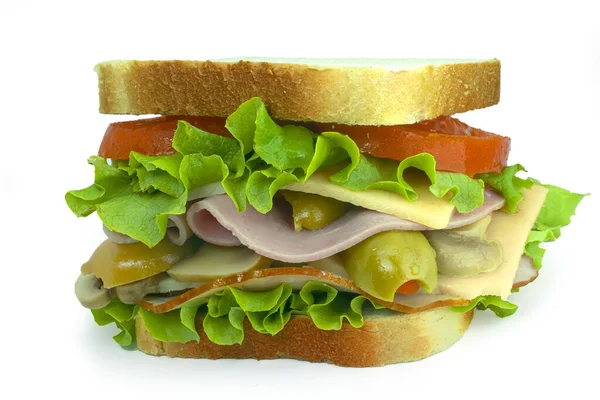 Sandwich Frais Avec Tomate Laitue Jambon Olive Fromage Champignon Isolé — Photo