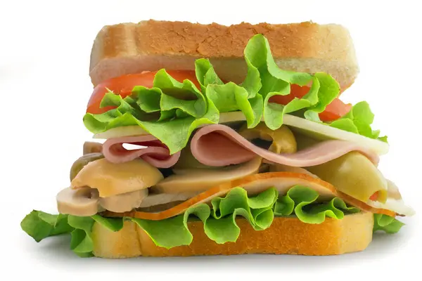 Sandwich Fresco Con Tomate Lechuga Jamón Aceituna Queso Champiñón Aislado —  Fotos de Stock