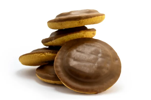 Heerlijke Ronde Chocolade Jaffa Cakes Biscuit Koekjes Geïsoleerd Witte Achtergrond — Stockfoto