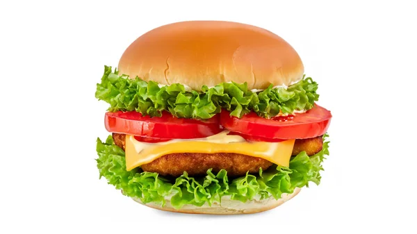 Chrupiące Głęboko Smażone Hamburgery Kurczaka Serem Pomidorem Sałatą Ogórkami Majonezem — Zdjęcie stockowe