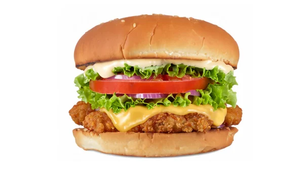 Crispy Deep Fried Chicken Burger Cheese Tomato Lettuce Pickles Mayonnaise — Stock Photo, Image