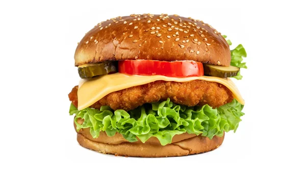 Krispig Djup Stekt Kyckling Burger Med Ost Tomat Sallad Pickles — Stockfoto