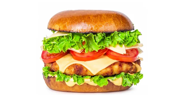 Frango Frito Profundo Crocante Burger Com Queijo Tomate Alface Picles — Fotografia de Stock