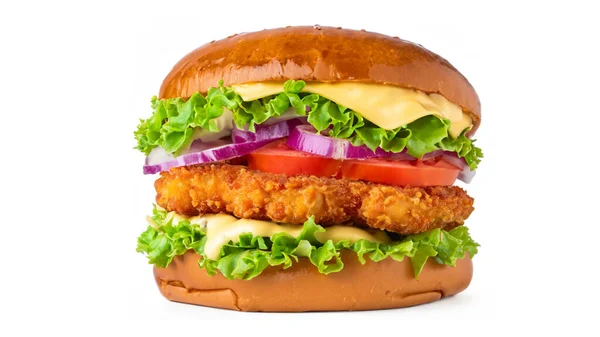 Ayam Goreng Renyah Burger Dengan Keju Tomat Selada Acar Dan — Stok Foto