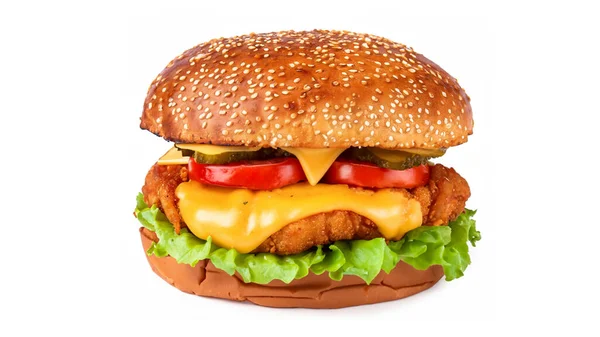 Chrupiące Głęboko Smażone Hamburgery Kurczaka Serem Pomidorem Sałatą Ogórkami Majonezem — Zdjęcie stockowe