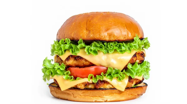 Crispy Deep Fried Chicken Burger Cheese Tomato Lettuce Pickles Mayonnaise — Stock Photo, Image