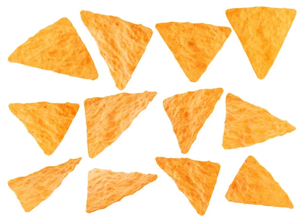Knapperige Knapperige Mexicaanse Nachos Chips Uit Verschillende Hoeken Geïsoleerd Witte — Stockfoto