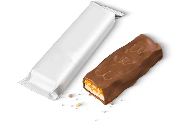 Çikolata Fıstık Karamel Barına Yakın Beyaz Arka Planda Izole Edilmiş — Stok fotoğraf