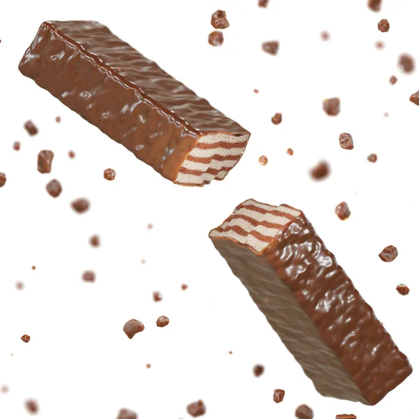 Zerbrochene Waffel Zwei Hälften Mit Schokoladenstücken Auf Weißem Hintergrund Rendering — Stockfoto