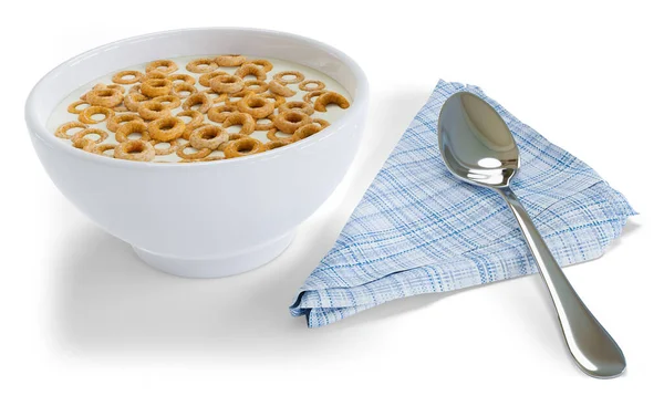 stock image Bowl full of milk with cereal in the shape of rings, spoon on kitchen towel isolated on white background - 3D rendering 