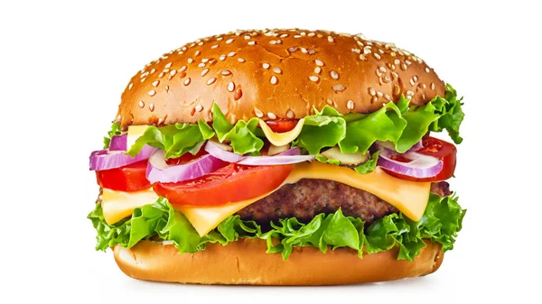 Velký Čerstvý Burger Sýrem Rajčaty Salátem Nakládanými Okurkami Majonézou Izolovaný — Stock fotografie