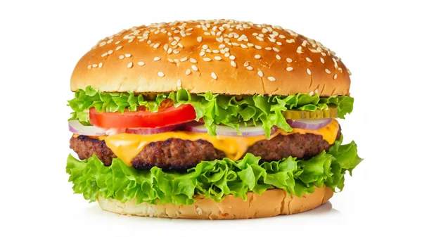 Nagy Friss Burger Sajttal Paradicsommal Salátával Uborkával Majonézzel Fehér Alapon — Stock Fotó