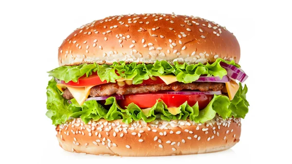 Peynirli, domatesli, marullu, turşulu ve beyaz arka planda izole edilmiş mayonezli büyük taze hamburger.