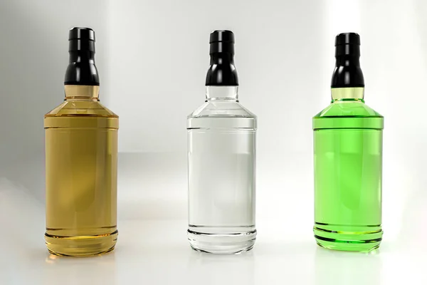 Renderelés Három Exkluzív Üveg Alkohol Elszigetelt Fehér Háttér Kiváló Minőségű — Stock Fotó