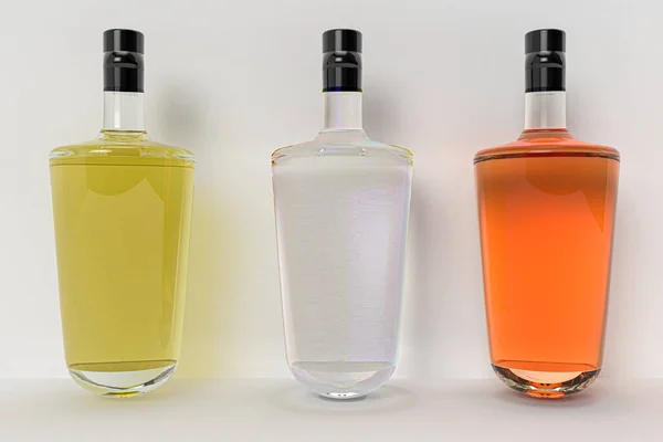 Rendering Drie Exclusieve Fles Alcohol Geïsoleerd Witte Achtergrond Hoge Kwaliteit — Stockfoto