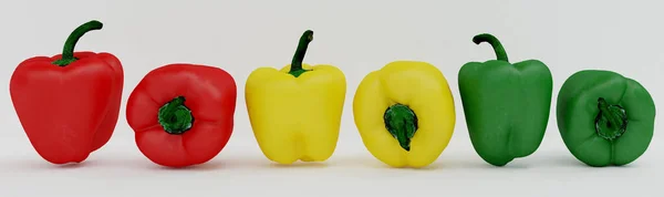 Rendering Red Yellow Green Peppers Diverse Angolazioni Isolate Sfondo Bianco — Foto Stock