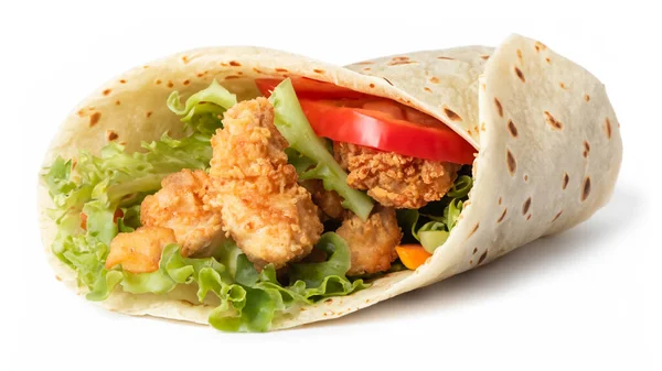 Tortilla Wrap Smażonym Mięsem Warzywami Kurczaka Izolowane Białym Tle — Zdjęcie stockowe