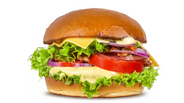Μεγάλο Φρέσκο Burger Τυρί Ντομάτα Μαρούλι Πίκλες Και Μαγιονέζα Που — Φωτογραφία Αρχείου