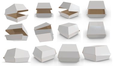 3D görüntüleme - Yüksek çözünürlüklü beyaz yiyecek ambalajı şablonu beyaz arkaplanda izole edilmiş, kartondaki yüksek kaliteli ayrıntılar