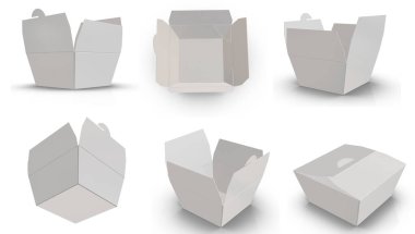 3D görüntüleme - Beyaz arka planda izole edilmiş yüksek çözünürlüklü beyaz yiyecek kutusu şablonu, kartondaki yüksek kaliteli ayrıntılar